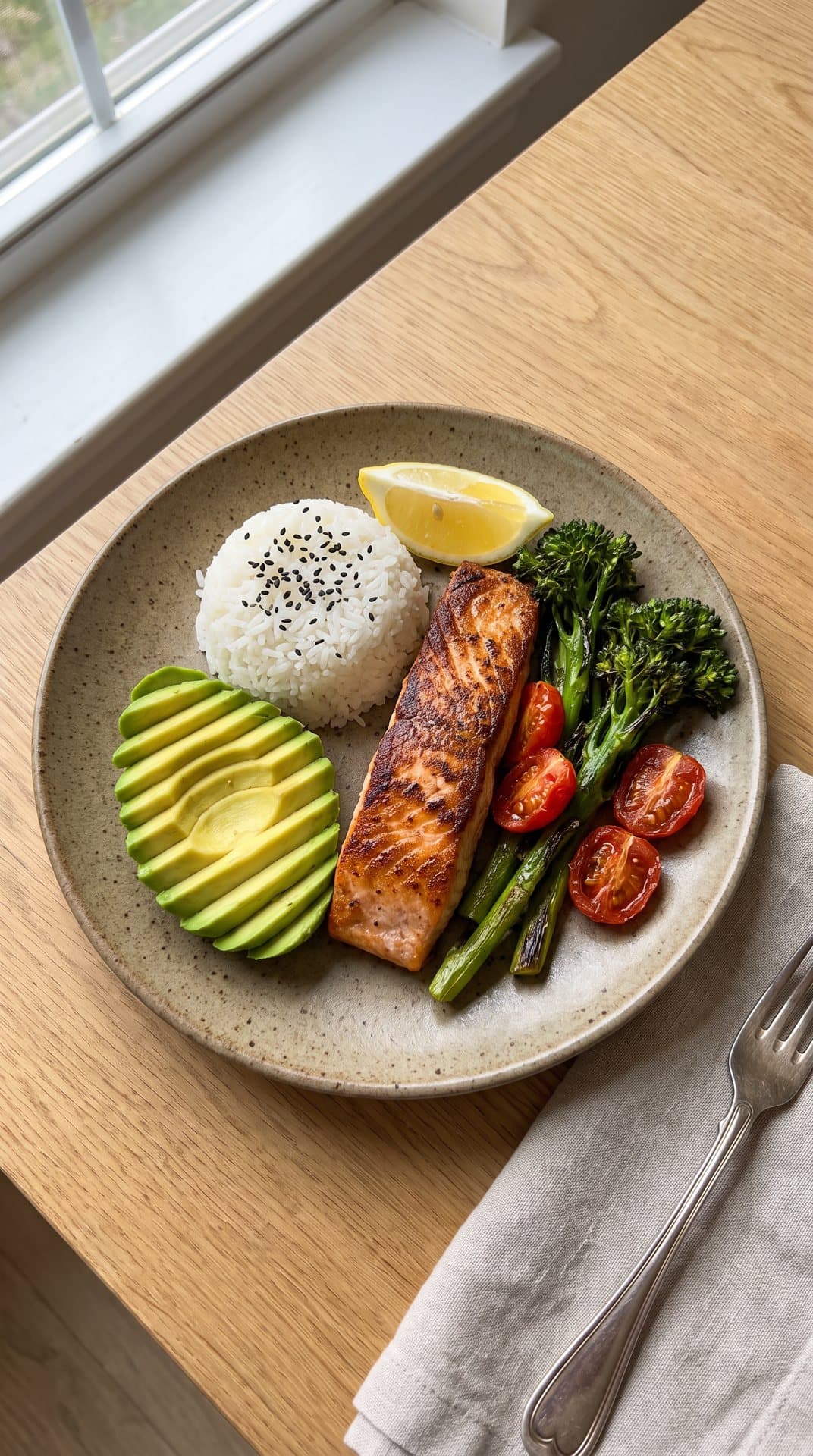 Salmón con arroz, aguacate y brócoli, fotografiado en Cal Clark