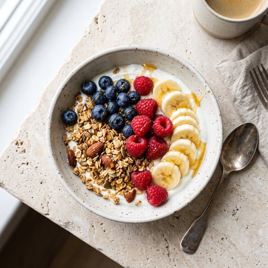 Yogur, granola y frutos rojos