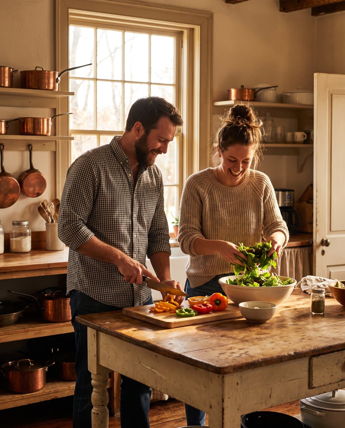 Pareja cocina junta una cena sana