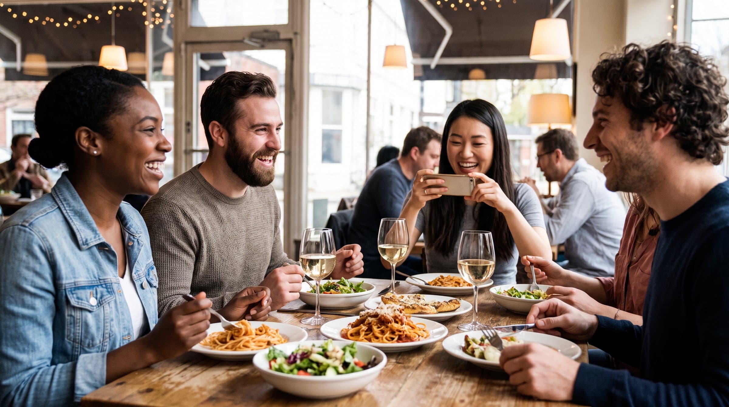 Amigos cenando juntos en un restaurante