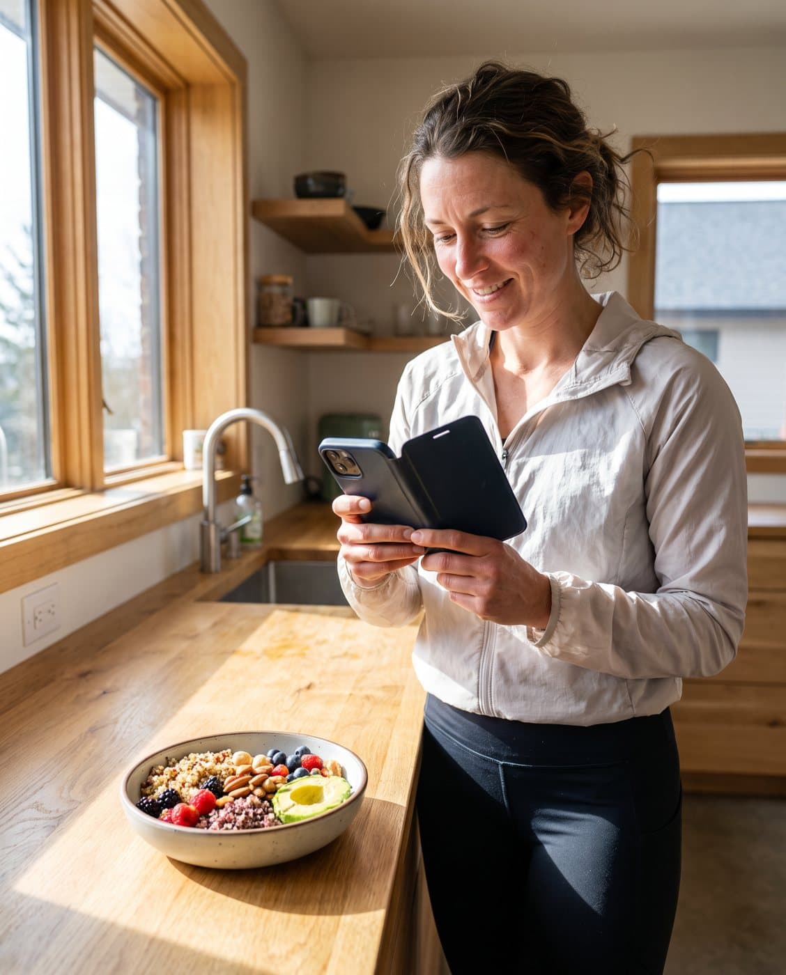 Mujer fotografía su bol de comida después de correr